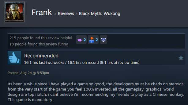 Screenshot of the article titled Dark Legend: Wukong, as reported by Steam Reviews